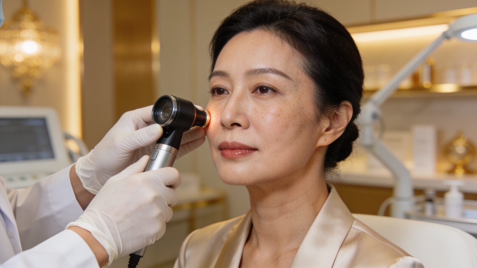 Dermatoscopic assessment of a facial mole before removal at Dr Sin Yong's Singapore practice