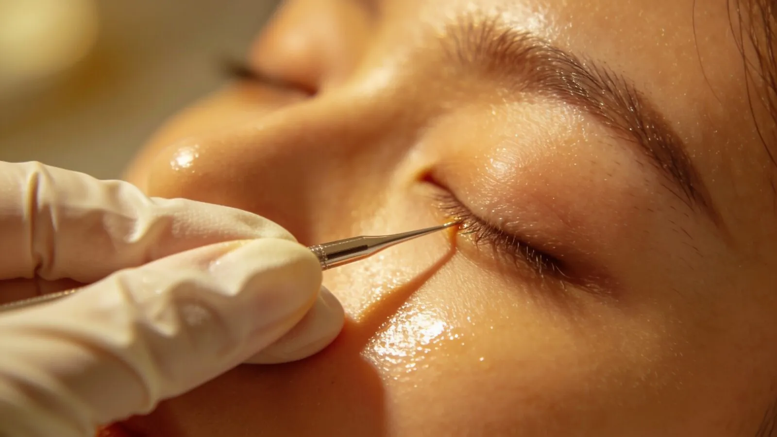 Fine-tip extraction of milia seeds near the eye area at Dr Sin Yong's practice, Singapore