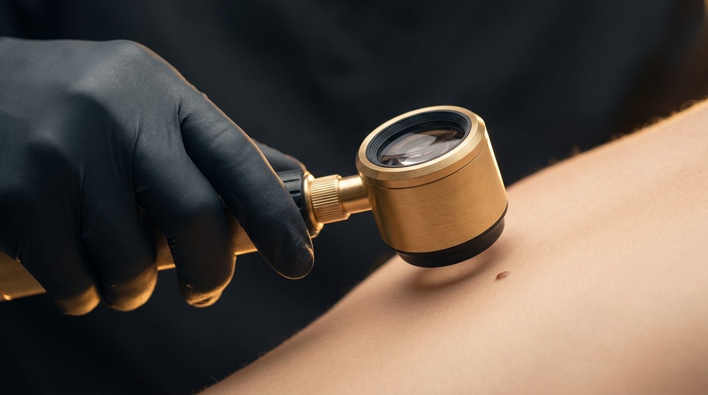 Dermatoscope examining a mole before removal — Dr Sin Yong, Singapore