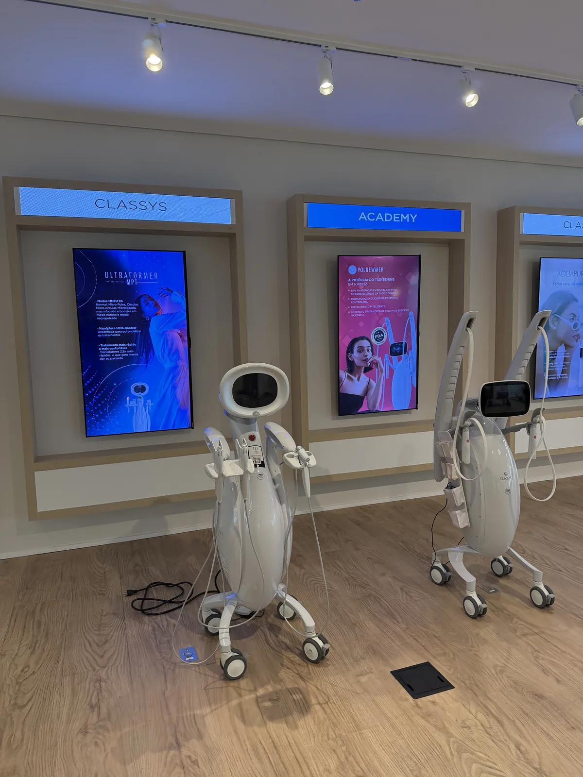 CLASSYS Academy showroom wall in Sao Paulo displaying Ultraformer MPT, Volnewmer and Aquapure