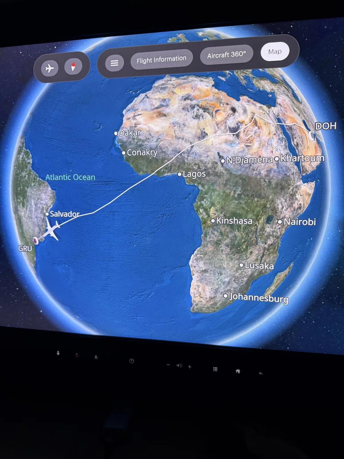 In-flight route map showing the Singapore to Sao Paulo crossing