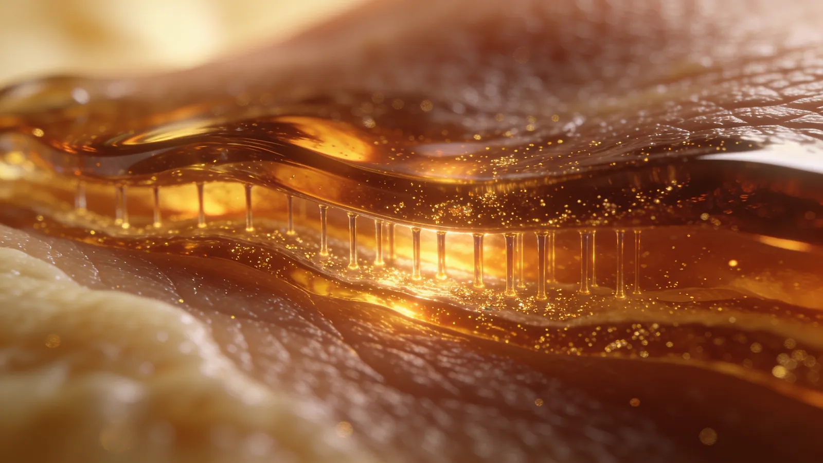 Abstract macro illustration of skin surface rendered in amber glass — illustrative image