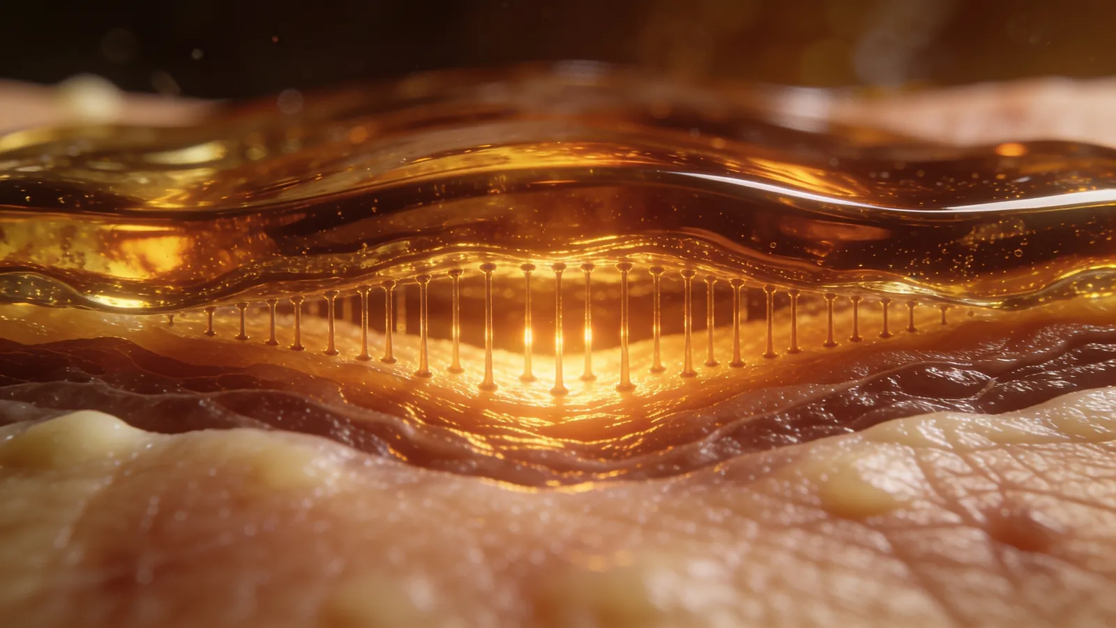 Abstract macro illustration of skin surface rendered in amber glass — illustrative image