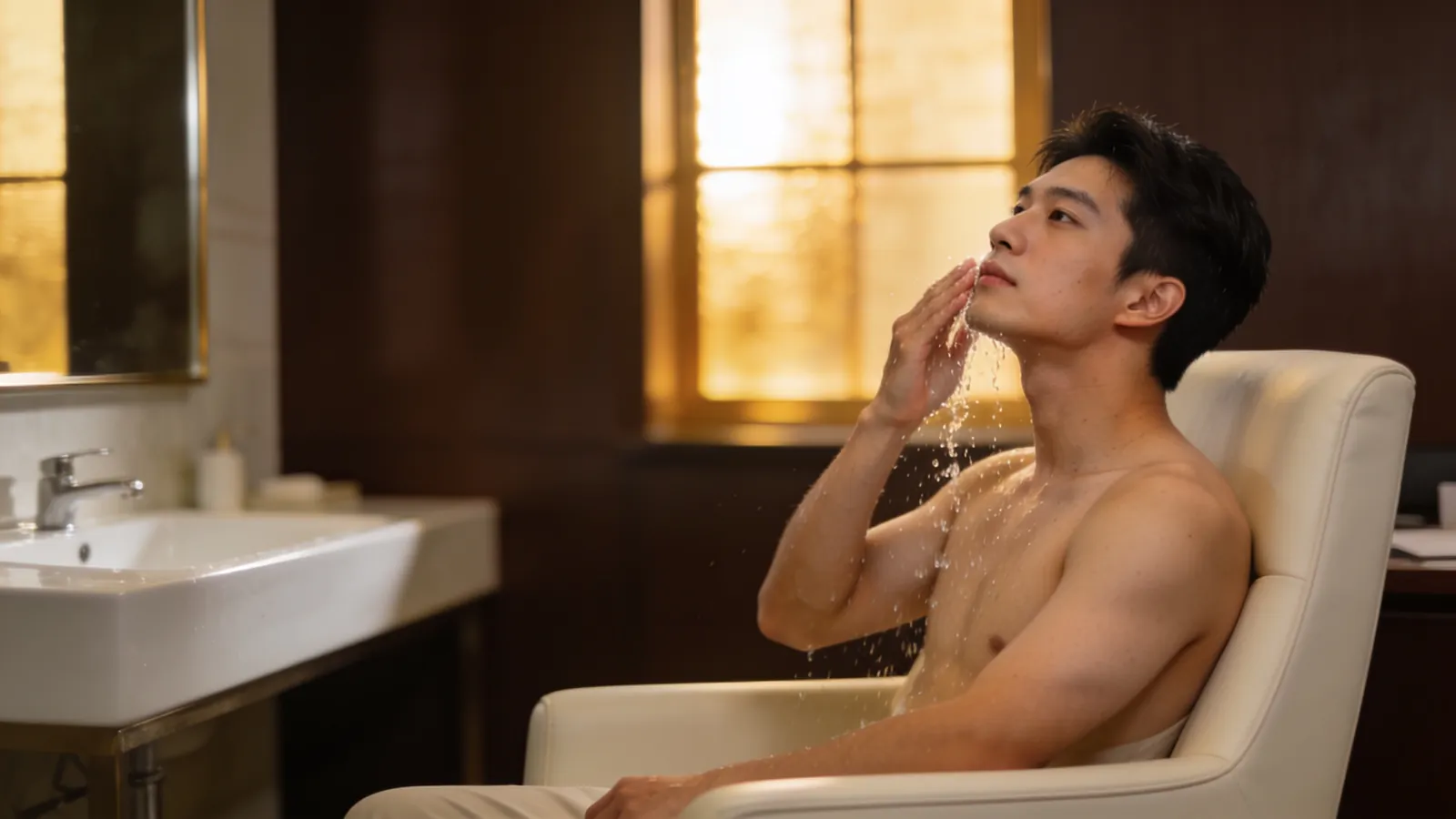坐在浴室椅子上的年轻东亚男性，示意图片