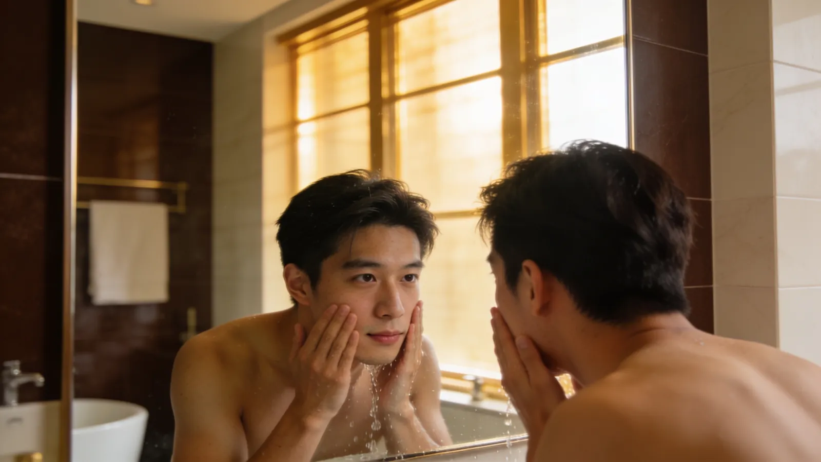 对着镜子洗脸的年轻东亚男性，示意图片