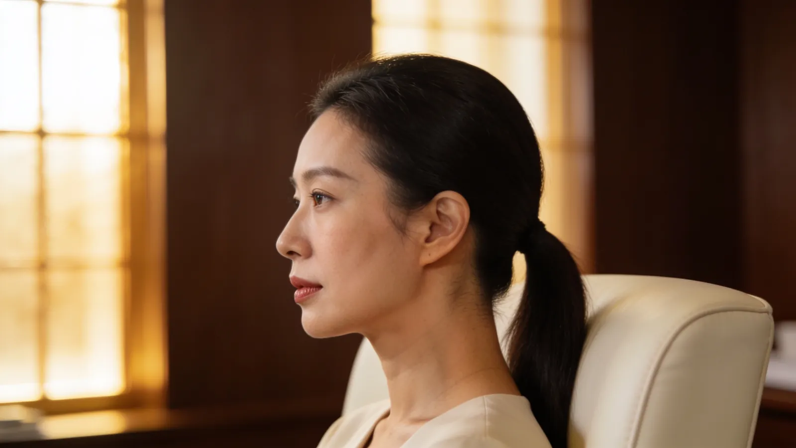 An East Asian woman in her 30s in side profile with a balanced chin and lip line — illustrative image