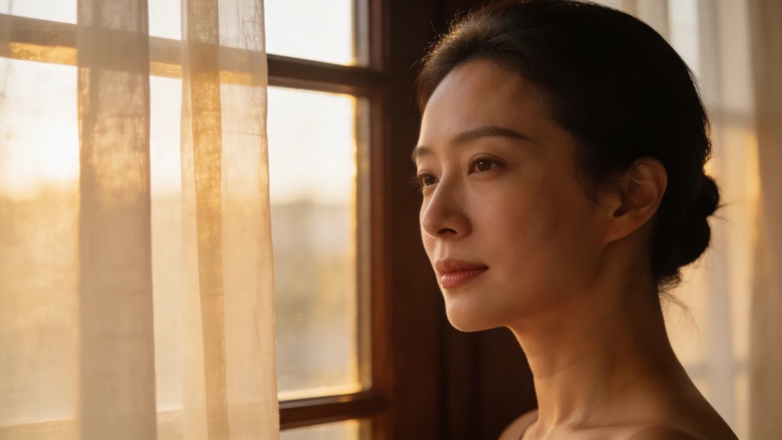 An East Asian woman in her 30s with a smooth softly rounded forehead — illustrative image
