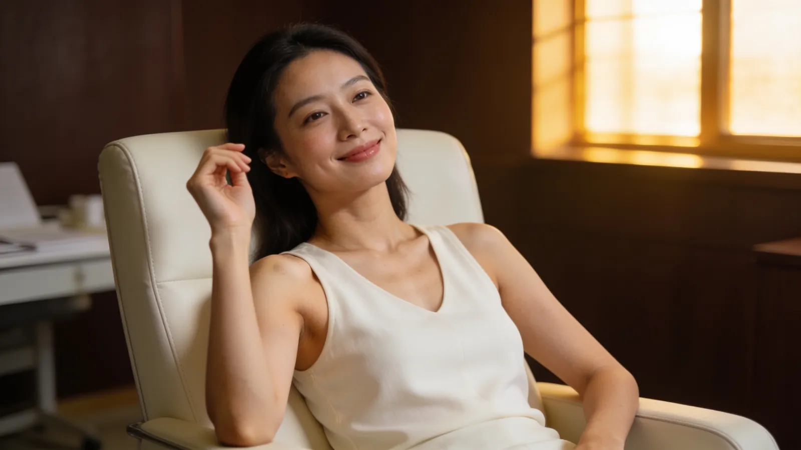 An East Asian woman in a cream sleeveless top raising one arm slightly — illustrative image