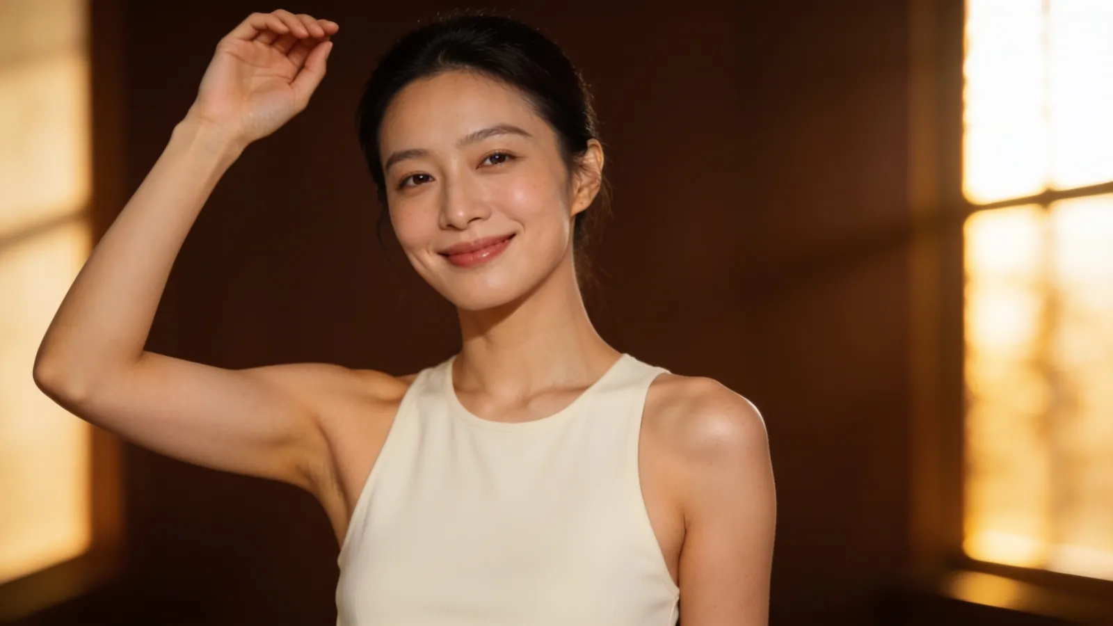 A woman in a cream sleeveless top raising one arm slightly, an illustrative image