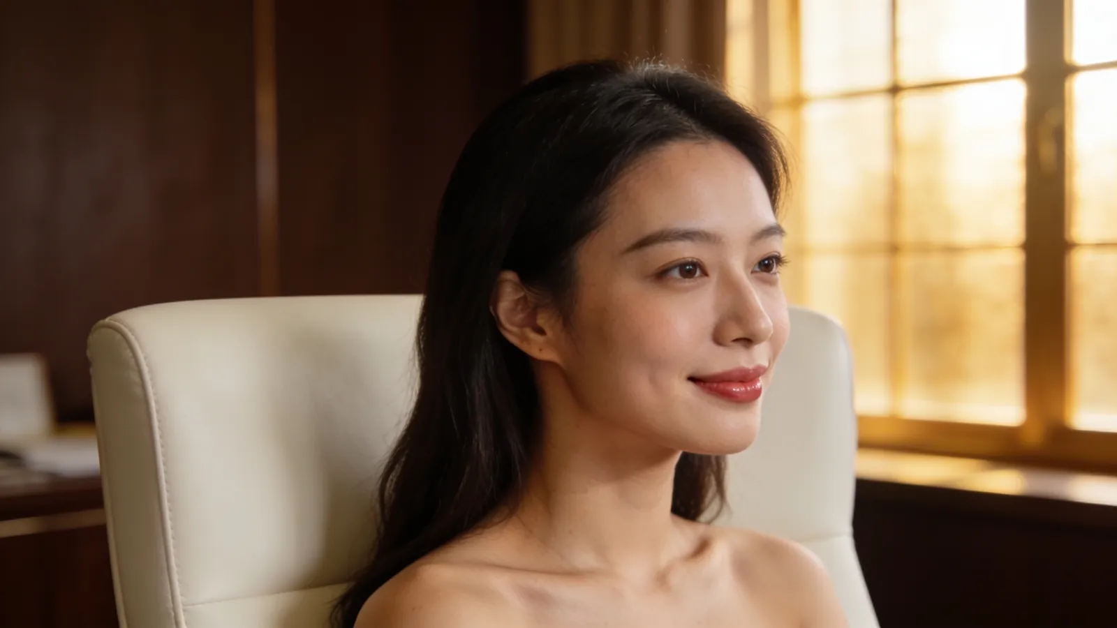 An East Asian woman in her late 20s with natural soft lips and a subtle smile — illustrative image