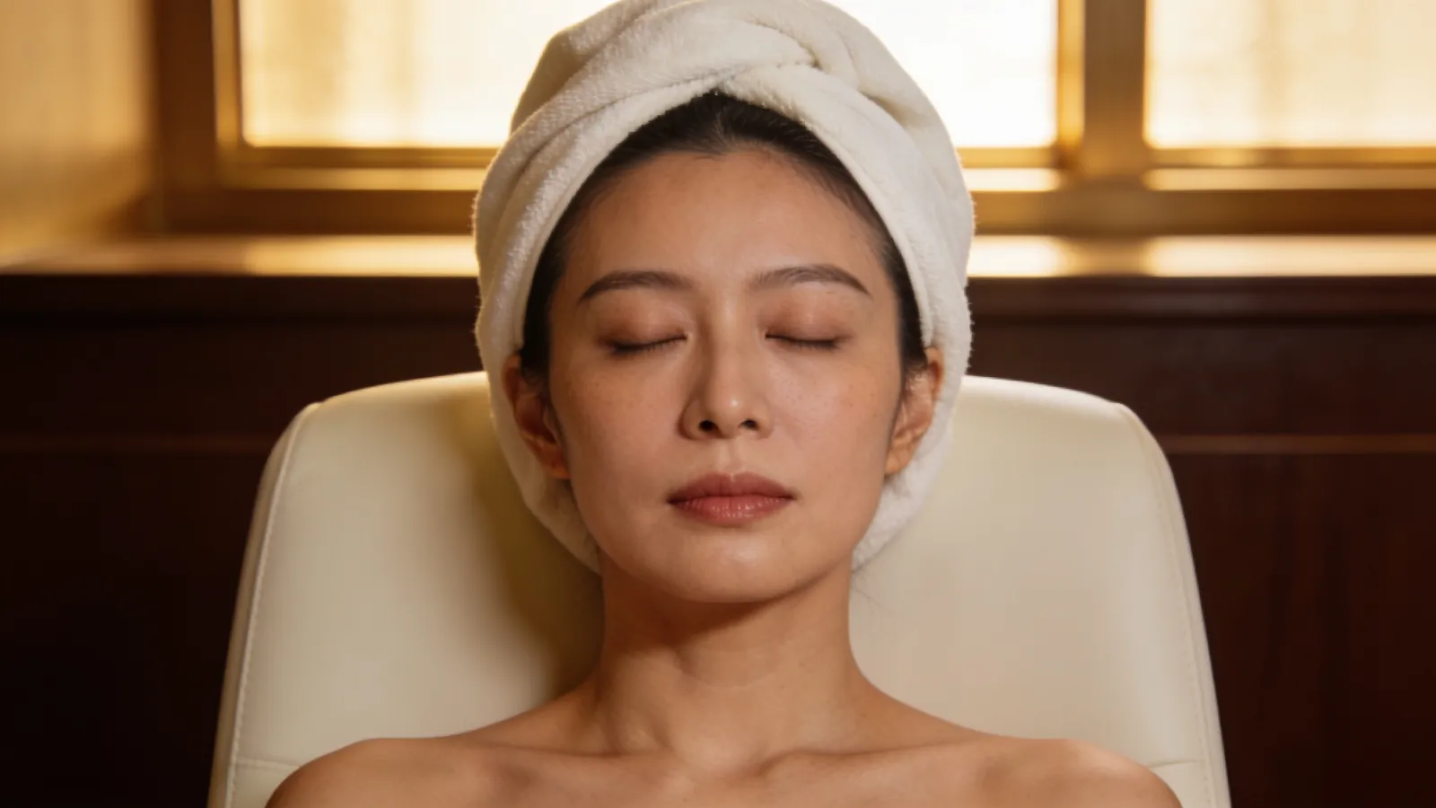 Close editorial portrait of an East Asian woman in her 30s with eyes gently closed — illustrative image