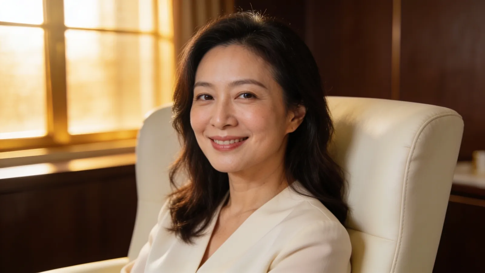 An East Asian woman in her mid 40s smiling softly — illustrative image