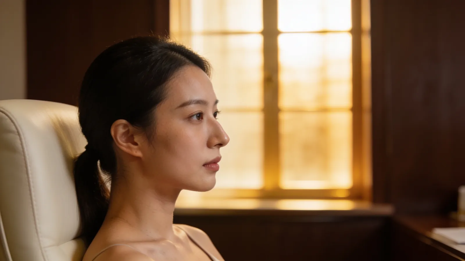An East Asian woman in her late 20s in true side profile showing a refined natural nose bridge and tip — illustrative image