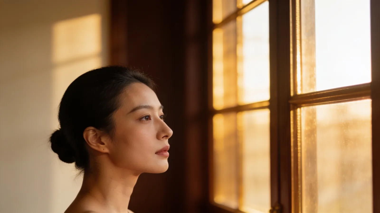 An East Asian woman in her late 20s in true side profile showing a refined natural nose bridge and tip — illustrative image