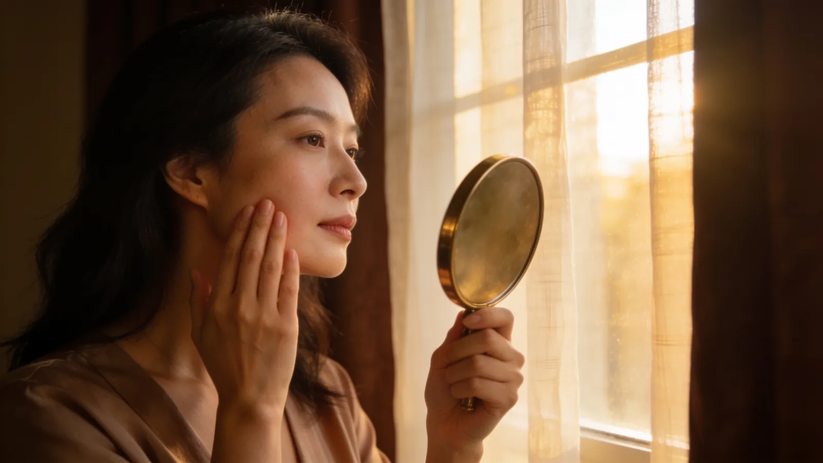 在窗边手持圆镜端详脸颊的东亚女性,示意图片