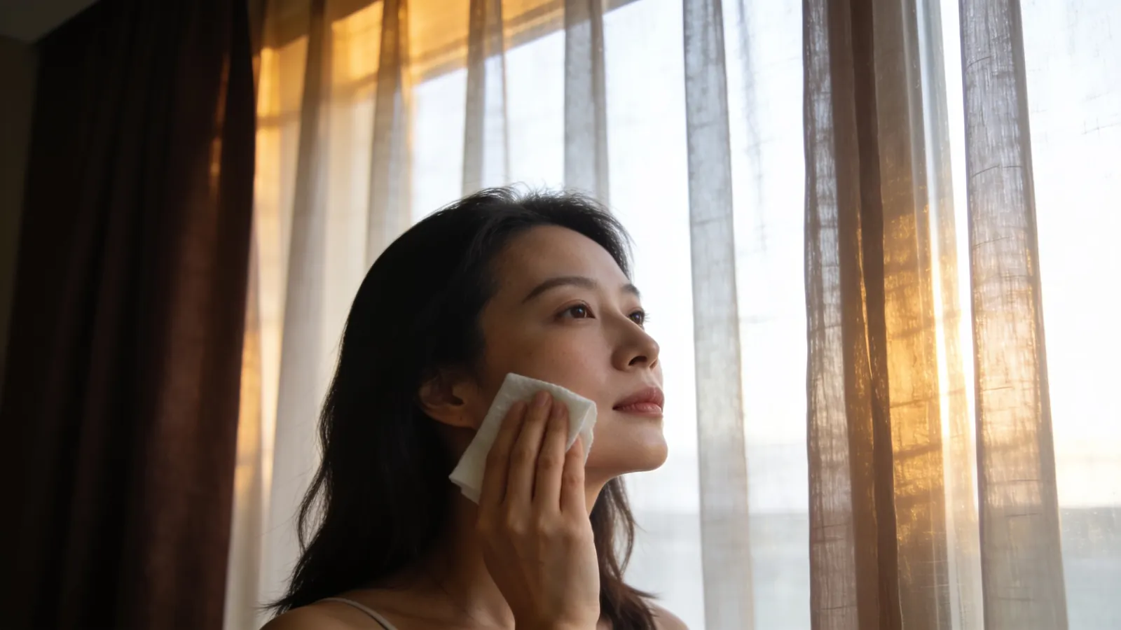 Illustrative model with calm, even facial skin tone in soft light, not a patient