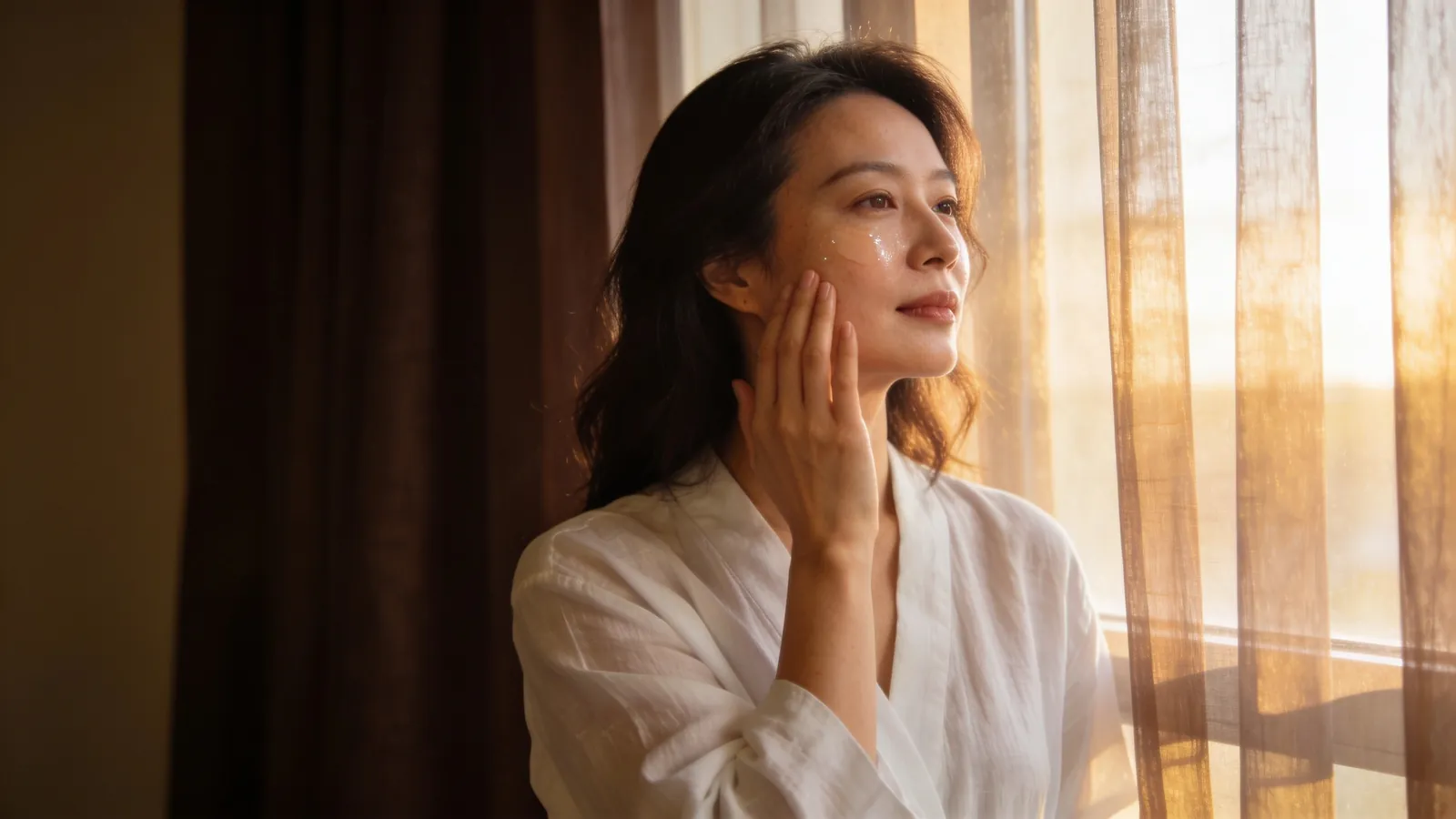 Illustrative image of a woman by a curtained window with a hand to her face, not a patient