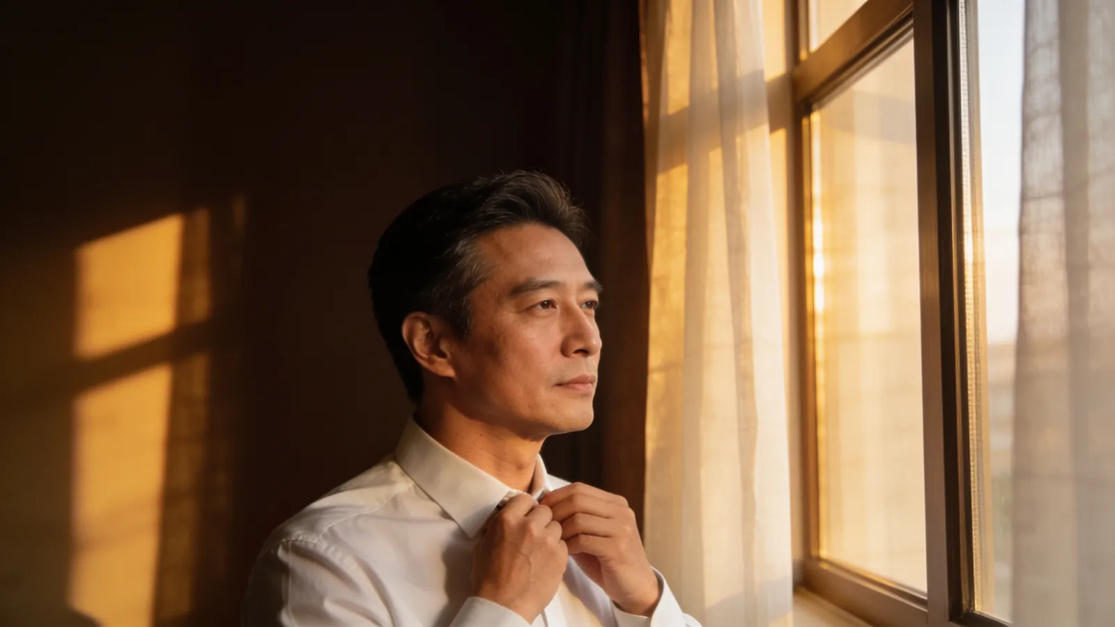 Illustrative image of a man fastening his shirt beside a sunlit window, not a patient