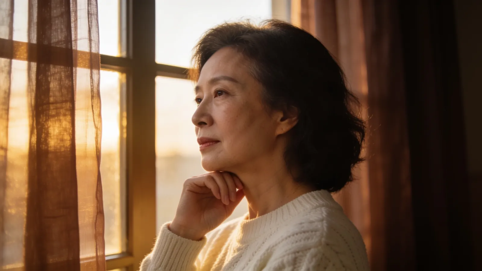An East Asian woman in her early 50s with her hand resting lightly along her jawline — illustrative image