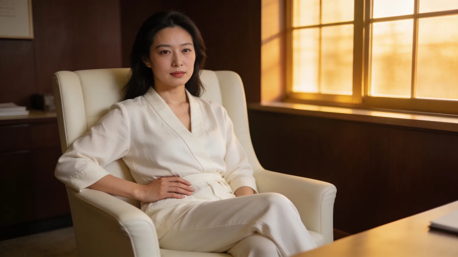 An East Asian woman in cream loungewear resting her hand on her side at the waist — illustrative image