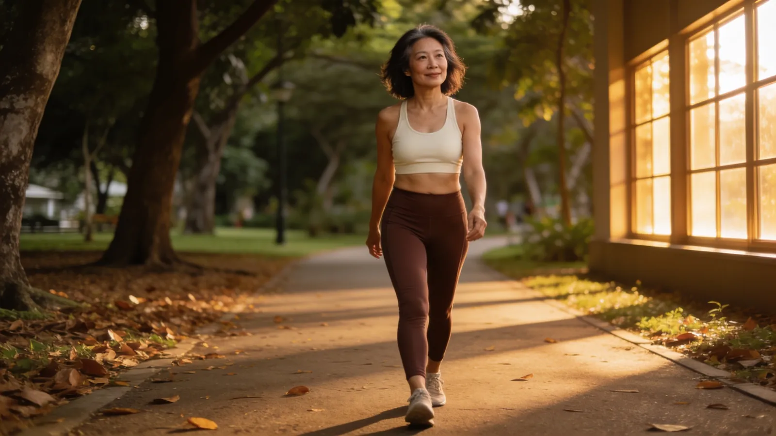 An East Asian woman in her 40s walking along a leafy Singapore park path in athletic wear — illustrative image