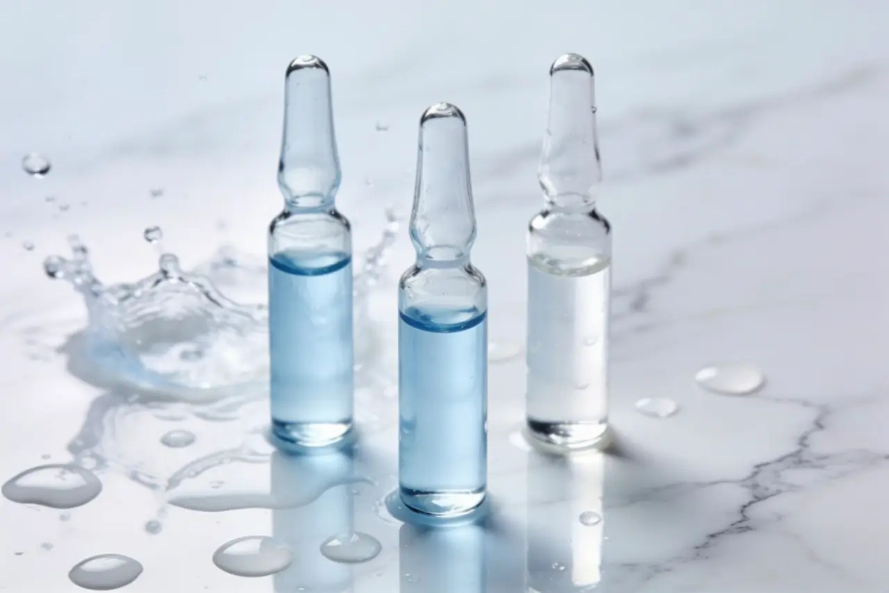 Three glass ampoules of clear hydrating solution on white marble, water droplets around them