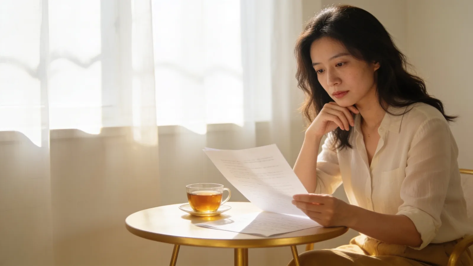 East Asian woman in her early thirties reading printed notes at a table by a bright window — illustrative image, not a patient