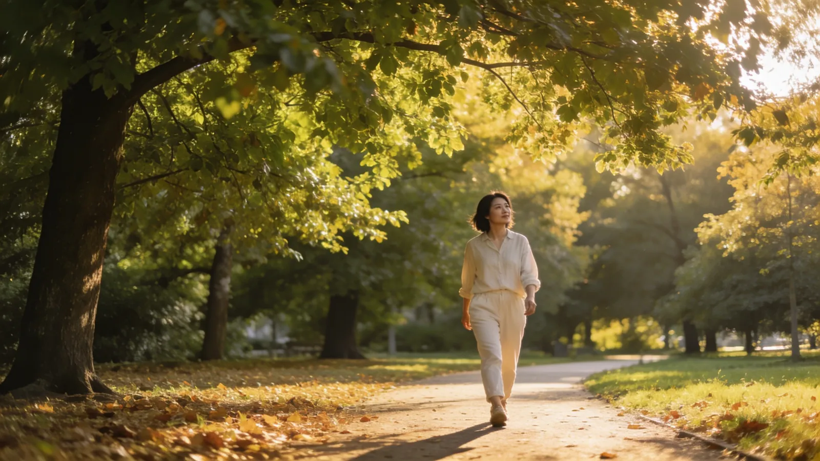 East Asian woman in her thirties walking outdoors in a park in the morning &mdash; illustrative image, not a patient