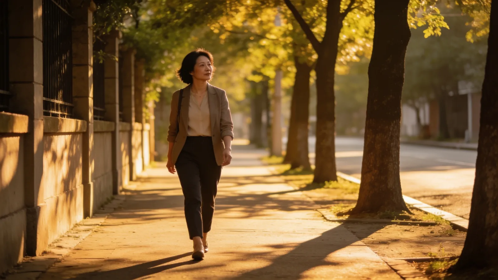 East Asian woman in her forties walking along a quiet tree-lined street in the afternoon &mdash; illustrative image, not a patient