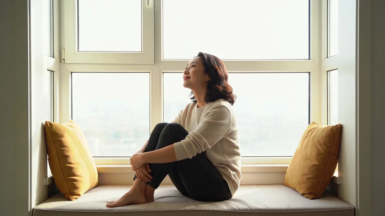 East Asian woman in her thirties sitting on a window seat, looking outside in soft daylight &mdash; illustrative image, not a patient