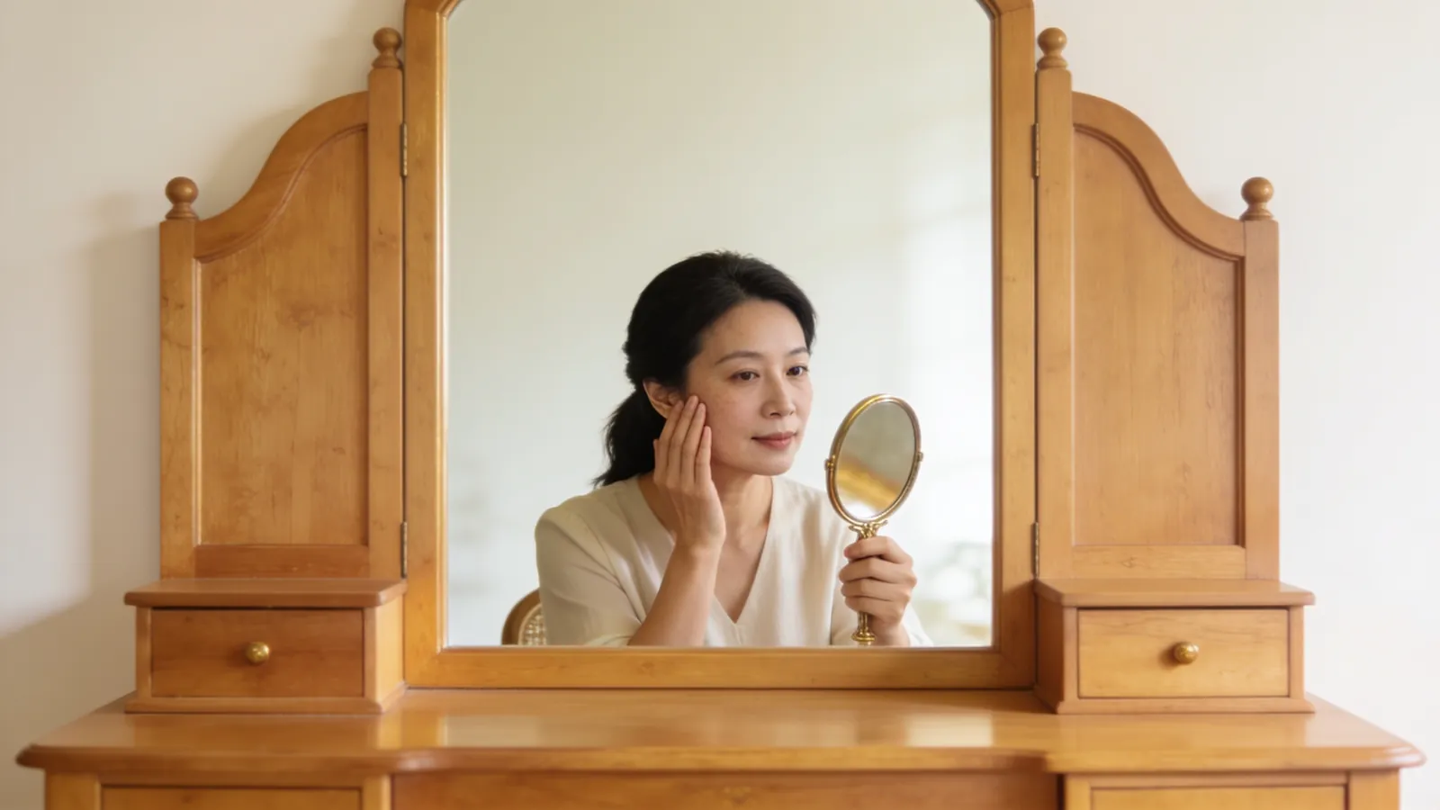 East Asian woman in her late thirties at a dressing table, touching her cheek and looking into a hand mirror — illustrative image, not a patient