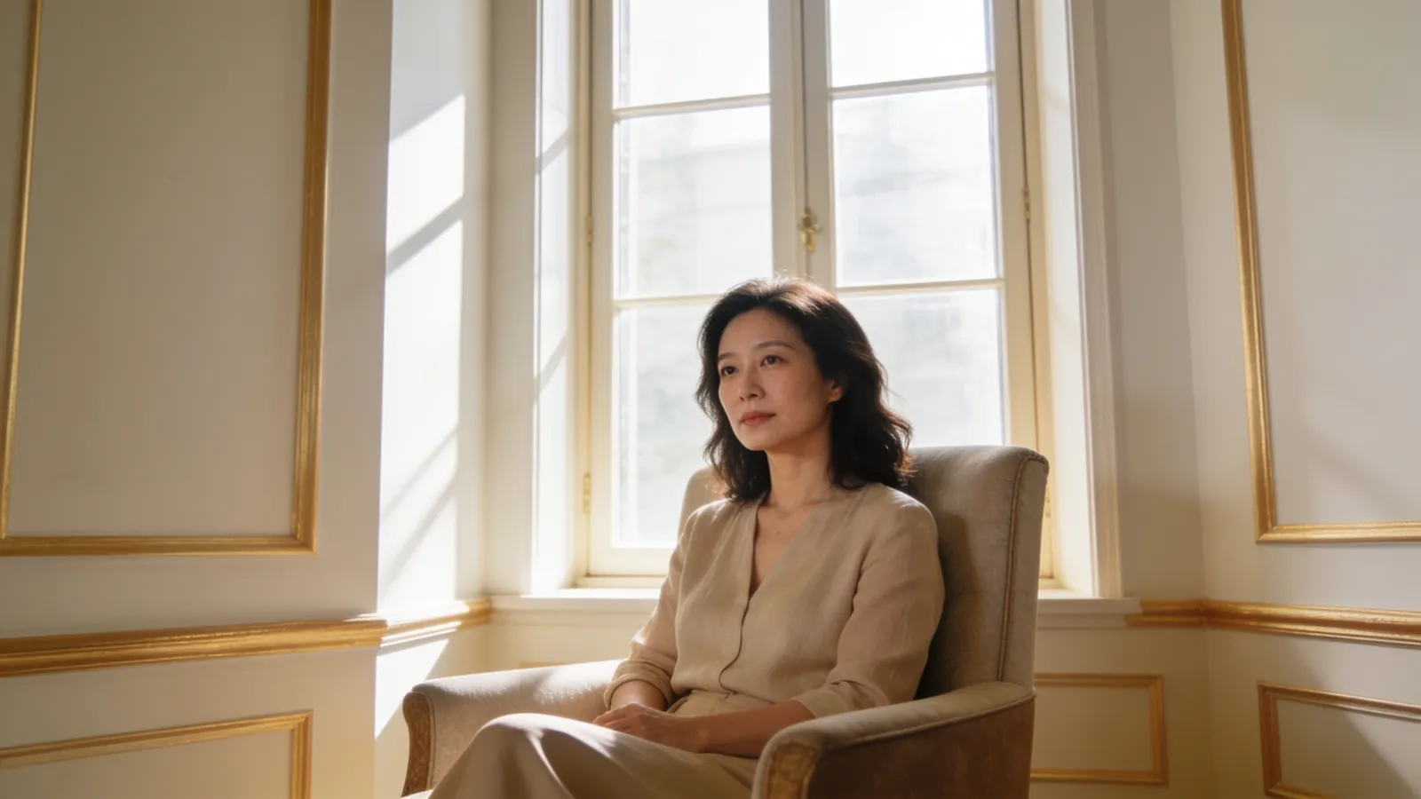 East Asian woman in her late thirties seated in an armchair by a tall window in soft daylight — illustrative image, not a patient