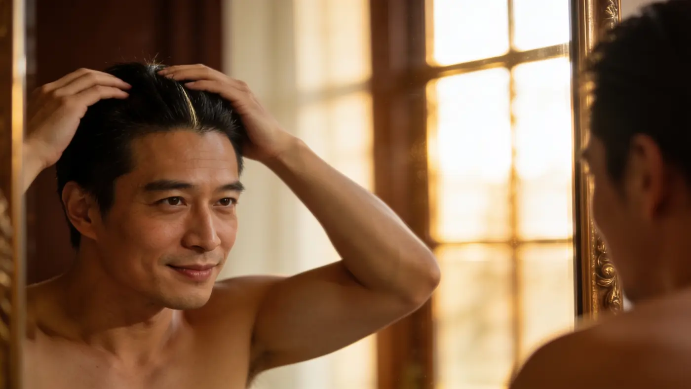 Illustrative image of a man checking his hairline in a mirror, not a patient