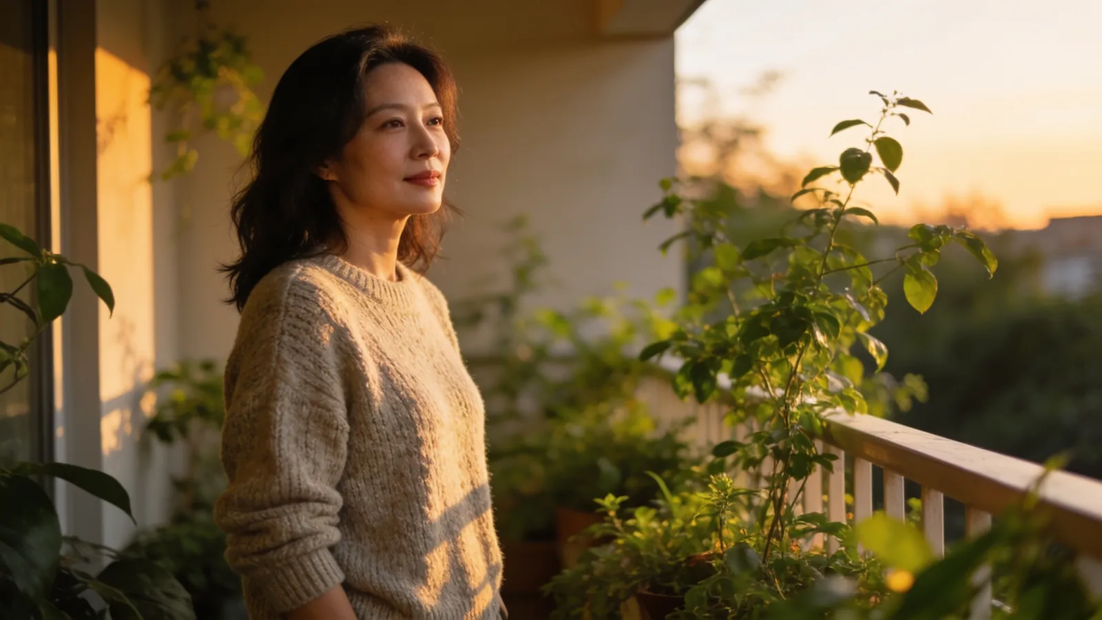 East Asian woman in her late thirties standing on a sunlit balcony among plants — illustrative image, not a patient