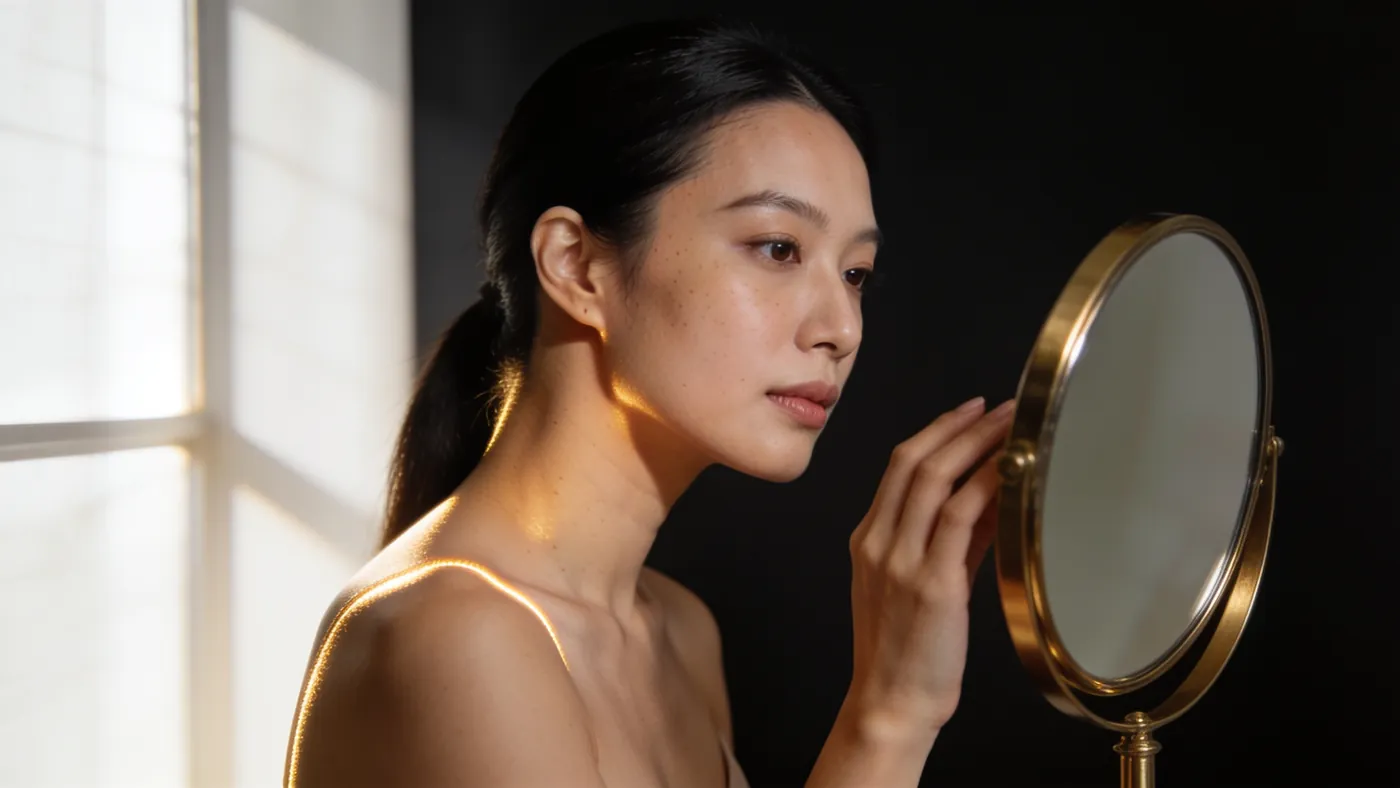 鏡で自分の肌を見る女性