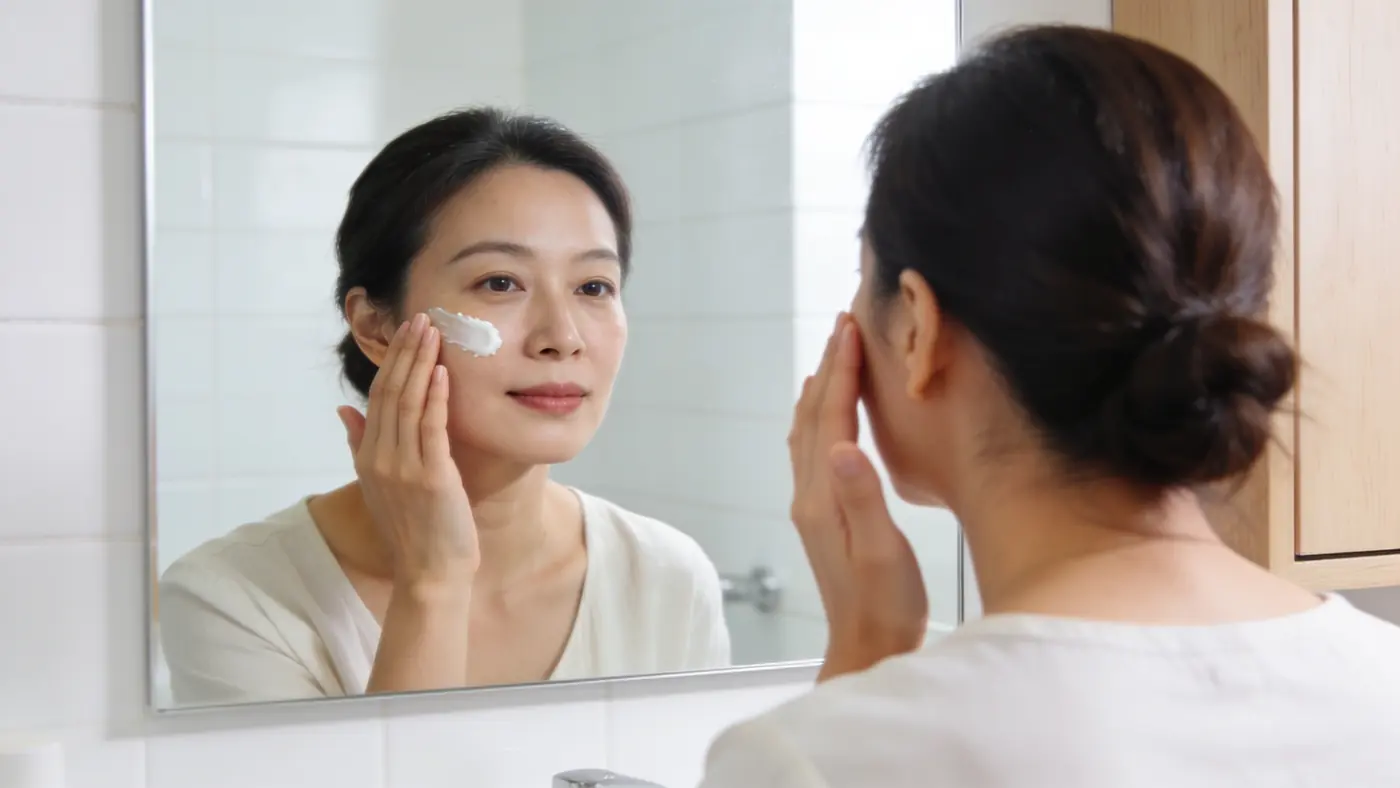 在浴室镜前为脸颊涂抹防晒霜的女性，示意图片，并非患者