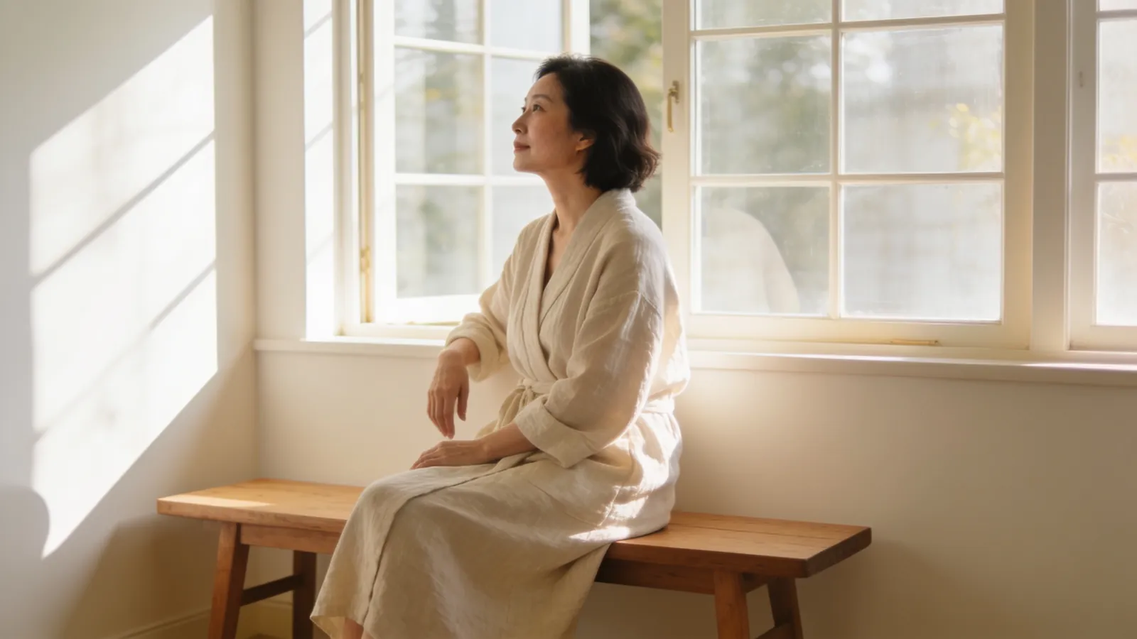 East Asian woman in her forties in a linen robe seated on a bench by a sunlit window &mdash; illustrative image, not a patient