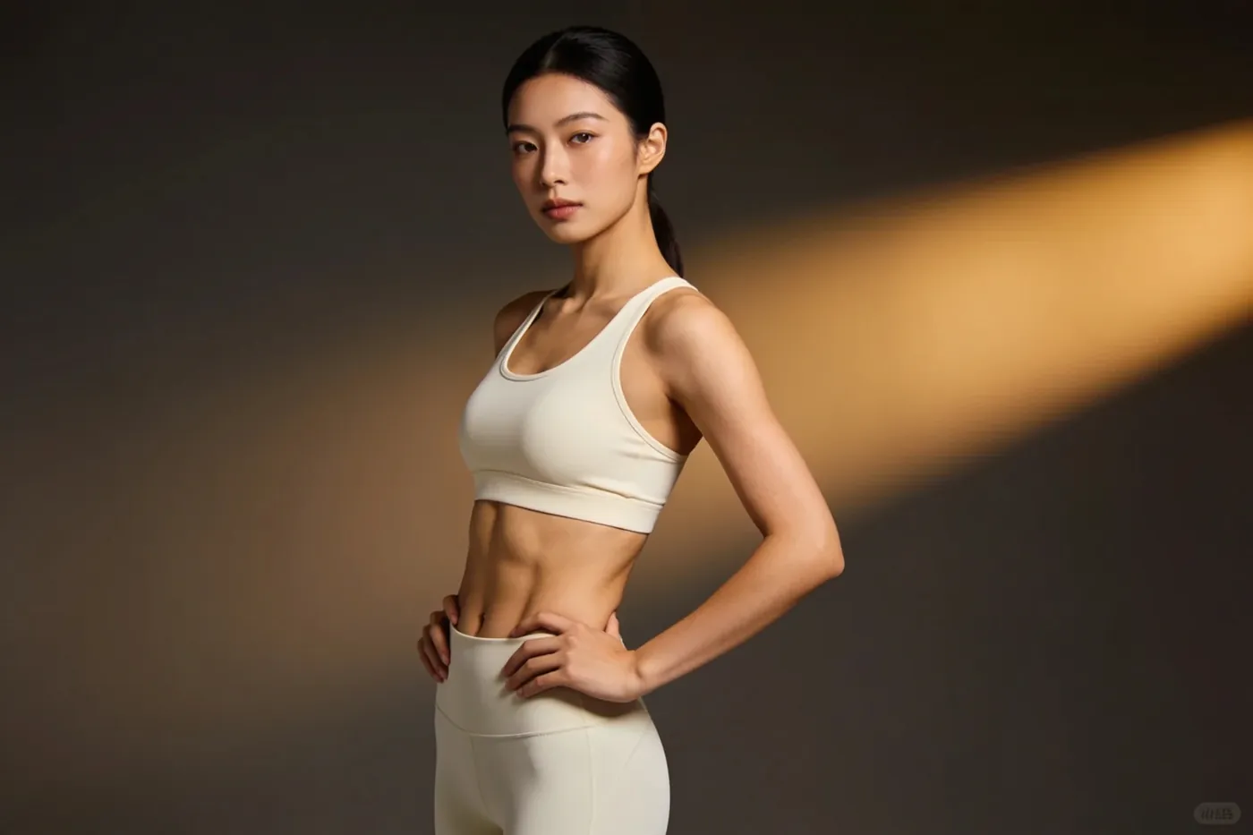 クリーム色のスポーツウェアの女性、腰の側面