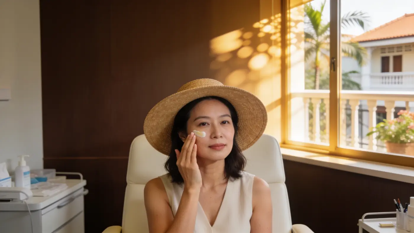 A wide-brimmed sun hat in bright light, illustrative of shade as part of sun protection