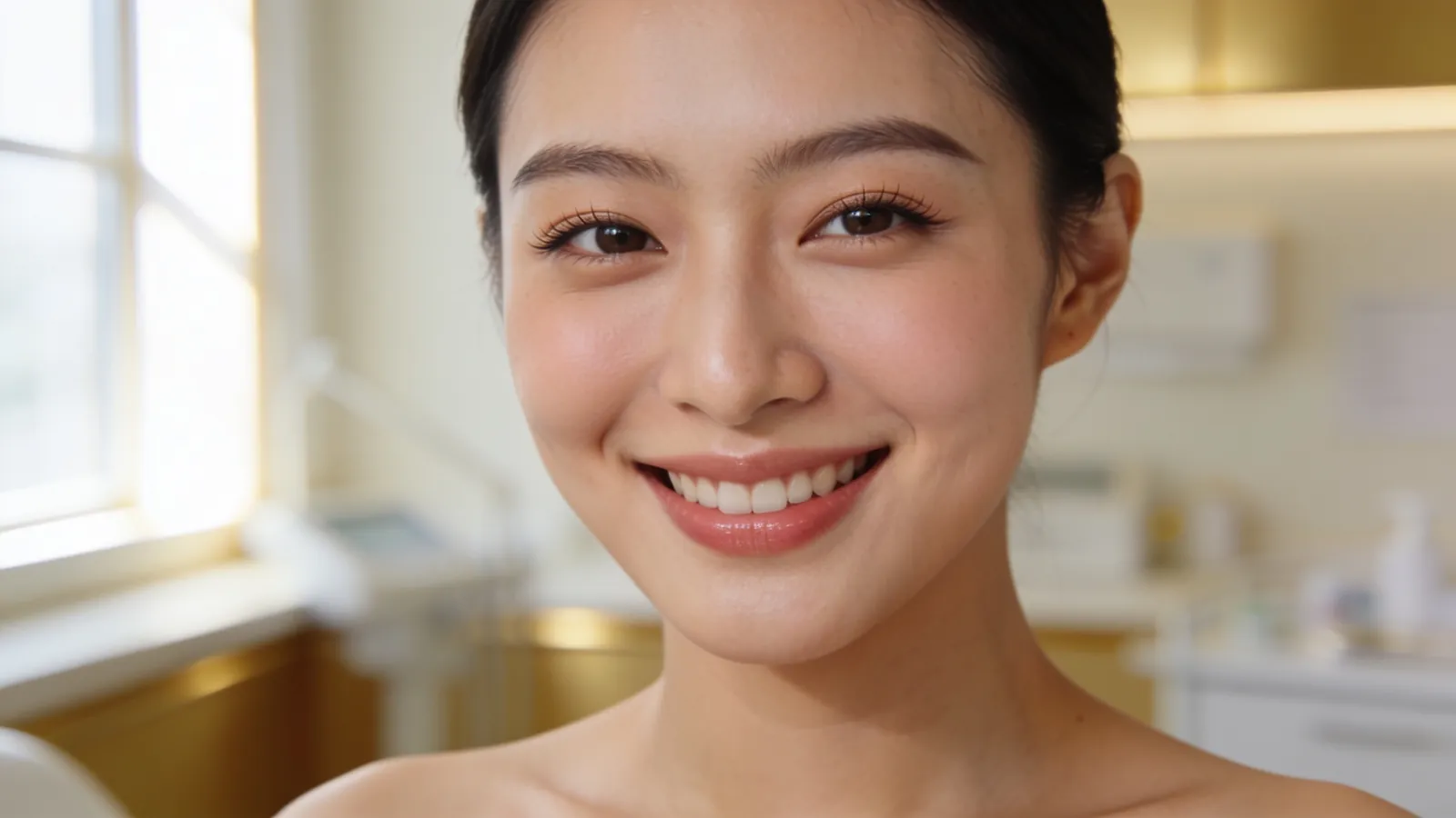 Illustrative image, not a patient: a young woman smiles, showing the soft roll of tissue beneath her lower lashes