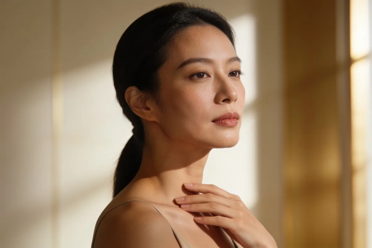 woman in her thirties, three-quarter view showing chin and jawline, hand lightly at collarbone