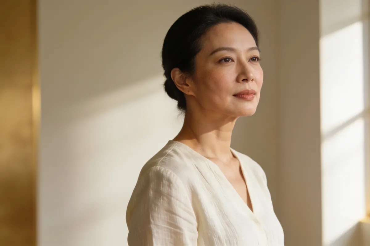 woman in her mid-forties in three-quarter view, gently lifted jawline and cheek, cream linen top