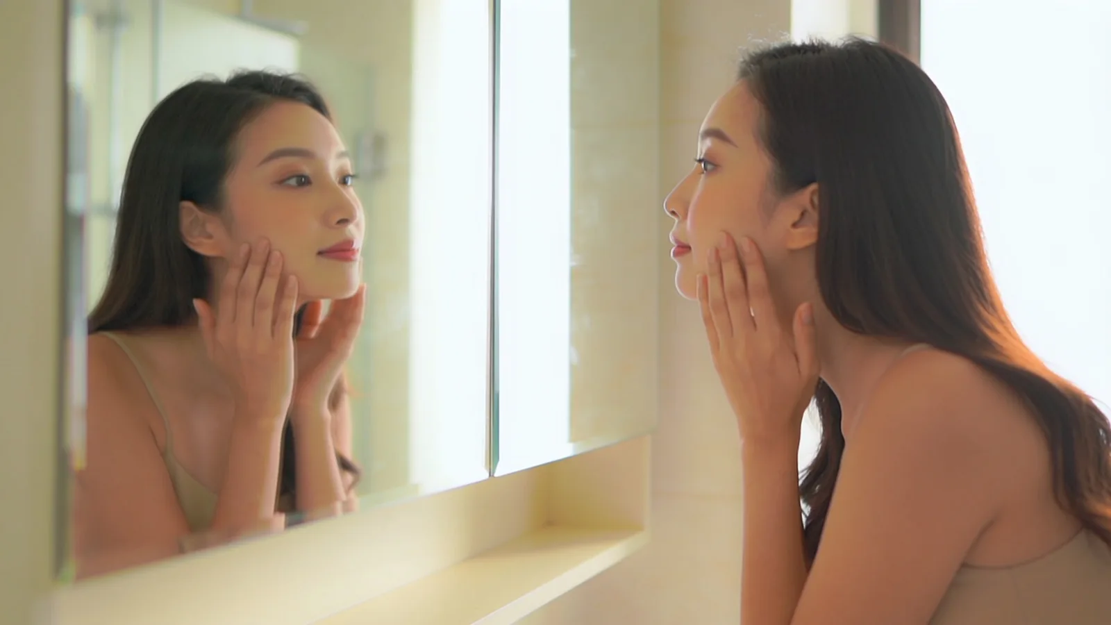 Illustrative image, not a patient: a woman looks at her reflection while gently touching her cheek