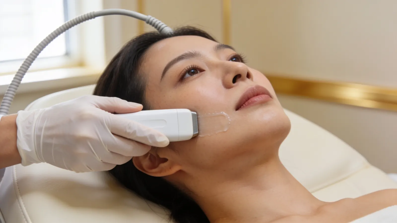 Illustrative image, not a patient: a doctor holds an ultrasound probe on a woman's cheek to map a lump after filler