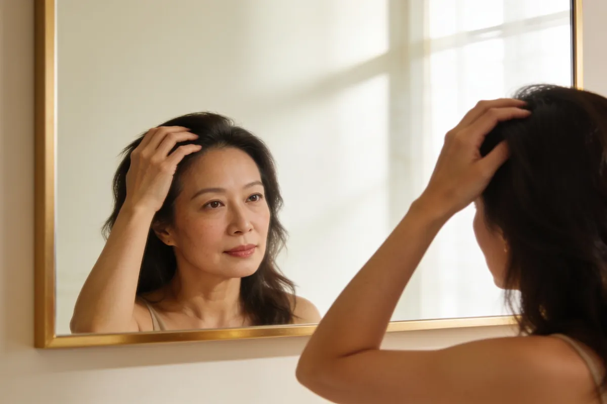 Woman in her fifties parting her hair at the crown in front of a mirror; illustrative image, not a patient