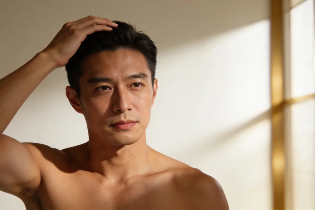 man in his thirties, short hair, hand at hairline, side-lit