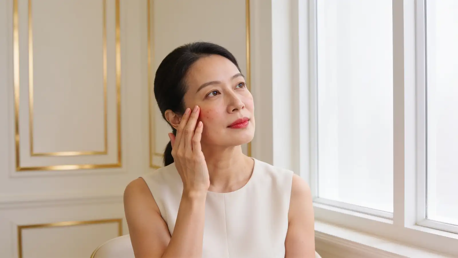 Illustrative image, not a patient: a woman in a bright clinic lightly touches her cheekbone and looks thoughtfully to one side