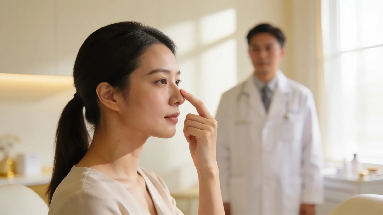 Illustrative image, not a patient: a woman in profile touches the bridge of her nose while a doctor looks on