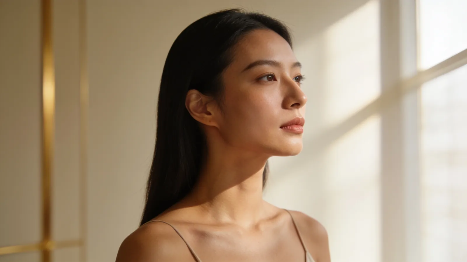 Illustrative image, not a patient: a woman in three-quarter profile by a sunlit window, showing the line of her nose and bridge