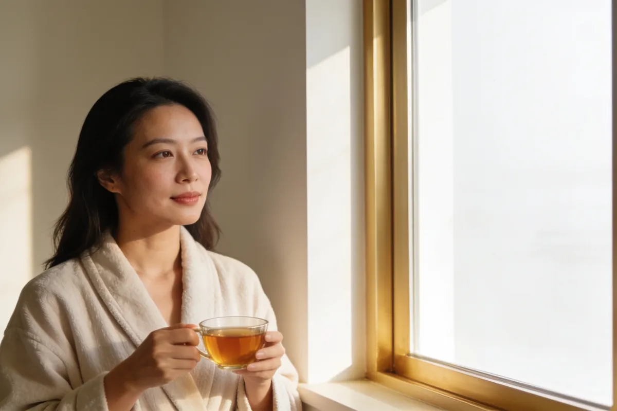 Illustrative image of a mother in her thirties, face and shoulders in soft light